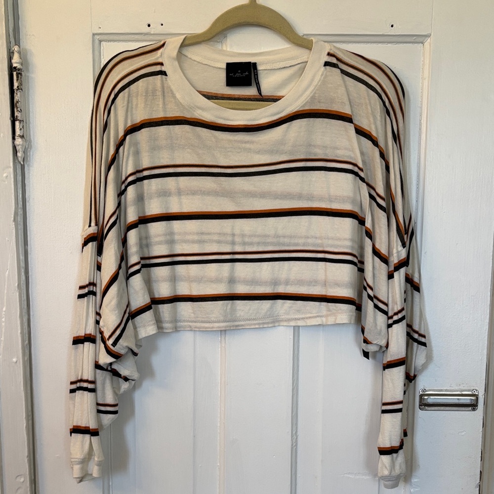Striped Cropped Long-Sleeve Top in Cream and Brown